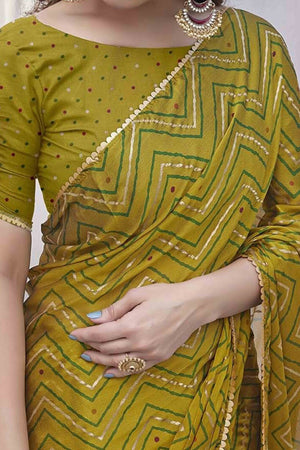 Olive Zig Zag Foil Printed Chiffon Saree