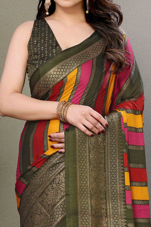 Mehendi Green Striped Foil Printed Moss Satin Saree Saree With Tassels