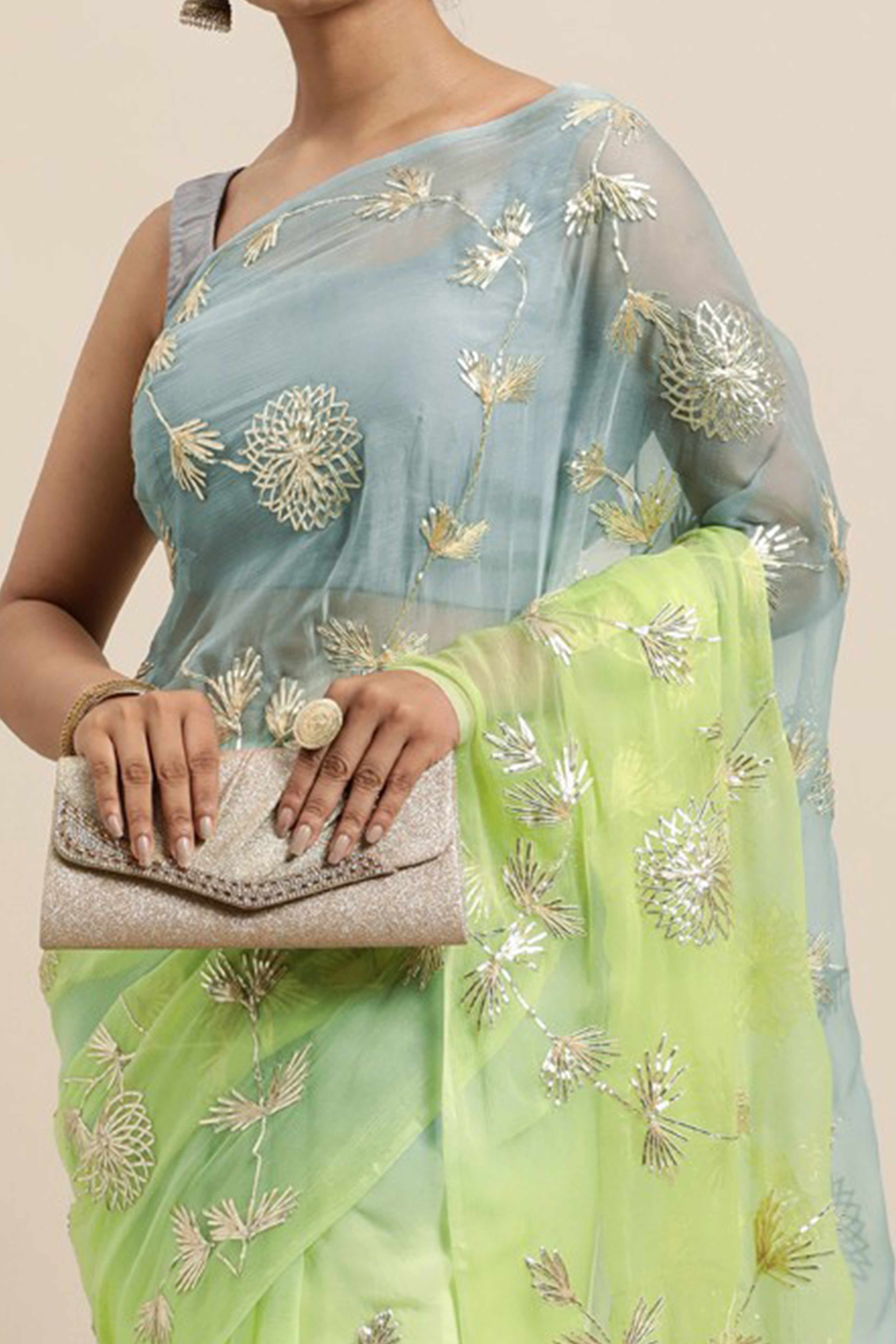 Green & Grey Floral Gota Patti Work Organza Silk Half & Half Saree