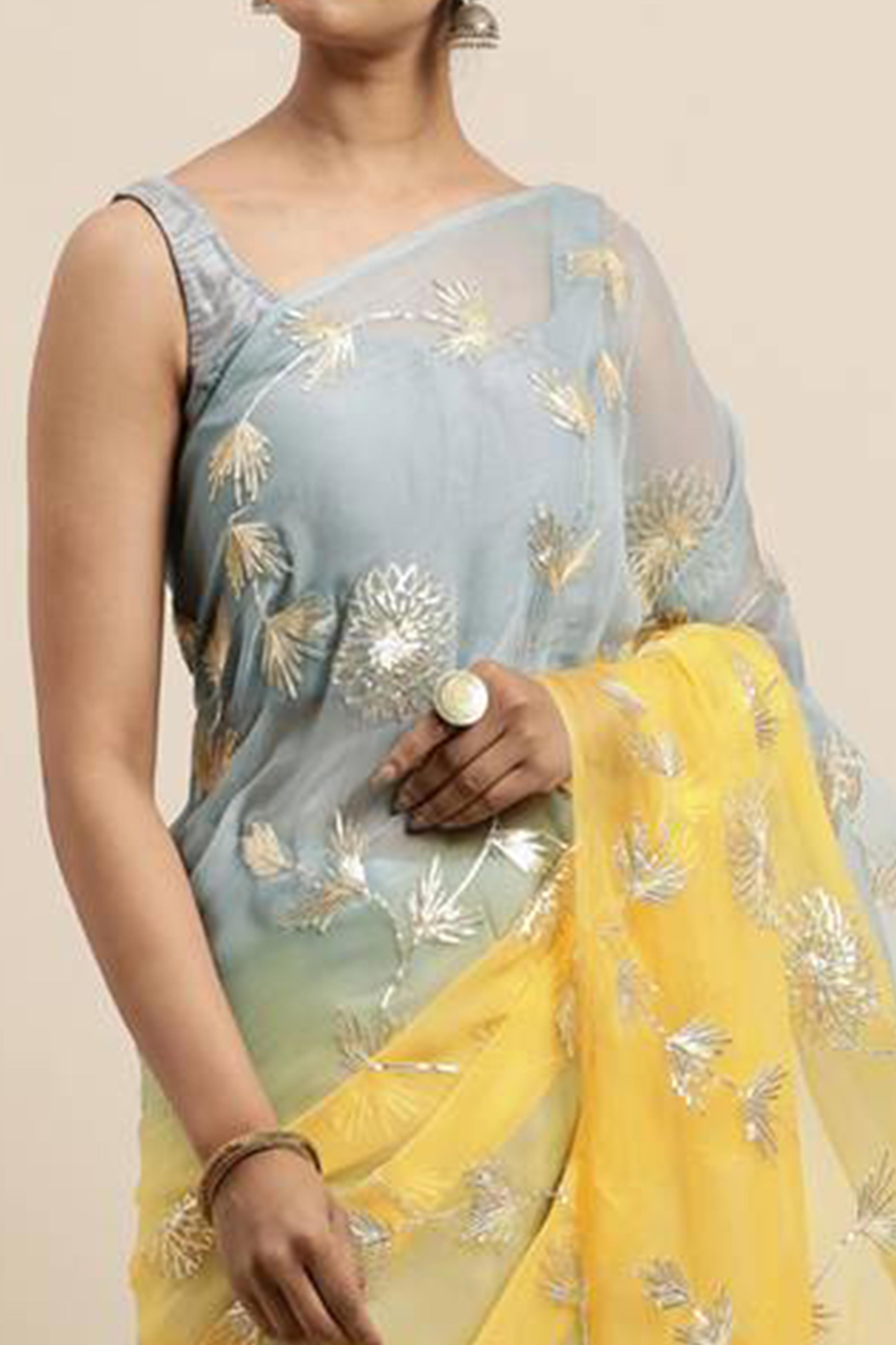 Yellow & Grey Floral Gota Patti Work Organza Silk Half & Half Saree