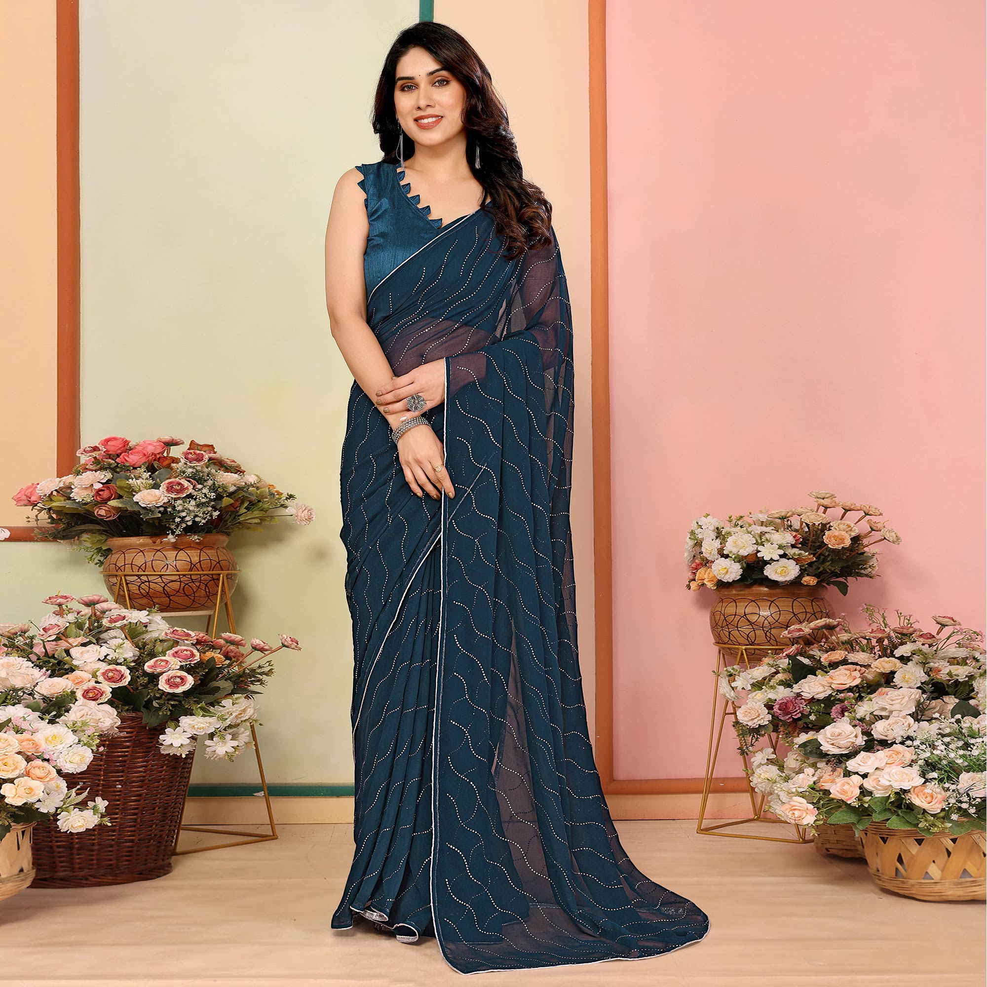 Teal Swarovski Work Embroidered Georgette Saree