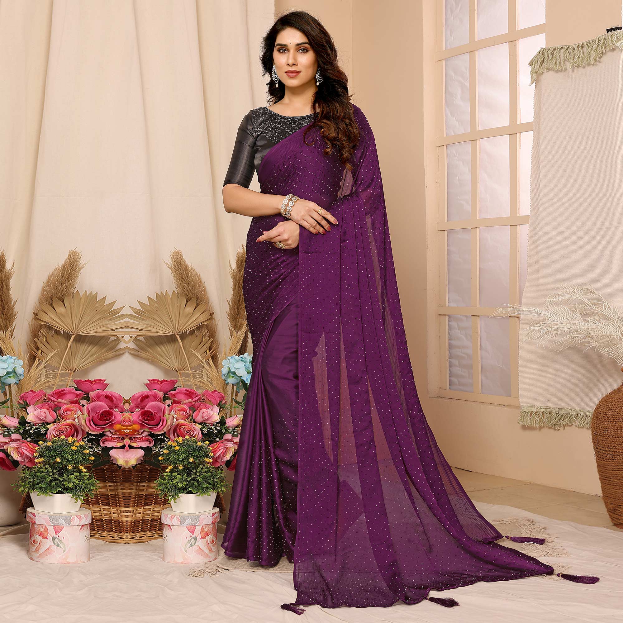Purple Swarovski Work Satin Chiffon Saree With Tassels