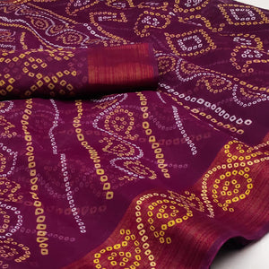 Wine Bandhani Printed Cotton Blend Saree