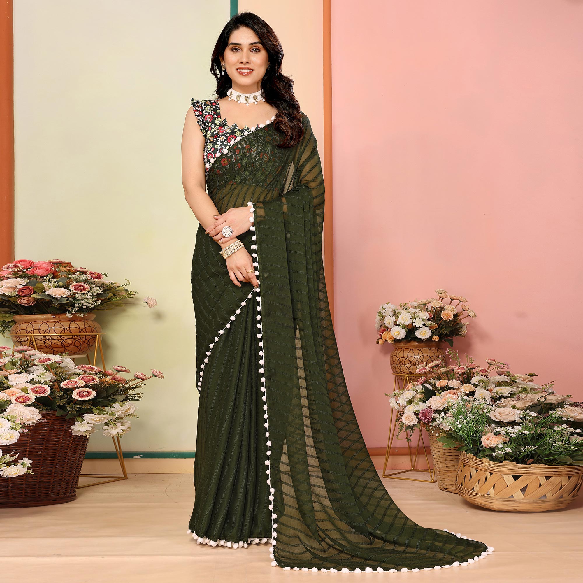 Mehandi Green Woven Striped Pattern Georgette Saree