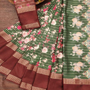 Bottle Green Floral Digital Printed Cotton Silk Saree