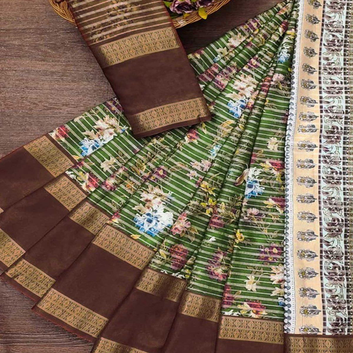 Mehandi Green Floral Digital Printed Cotton Silk Saree