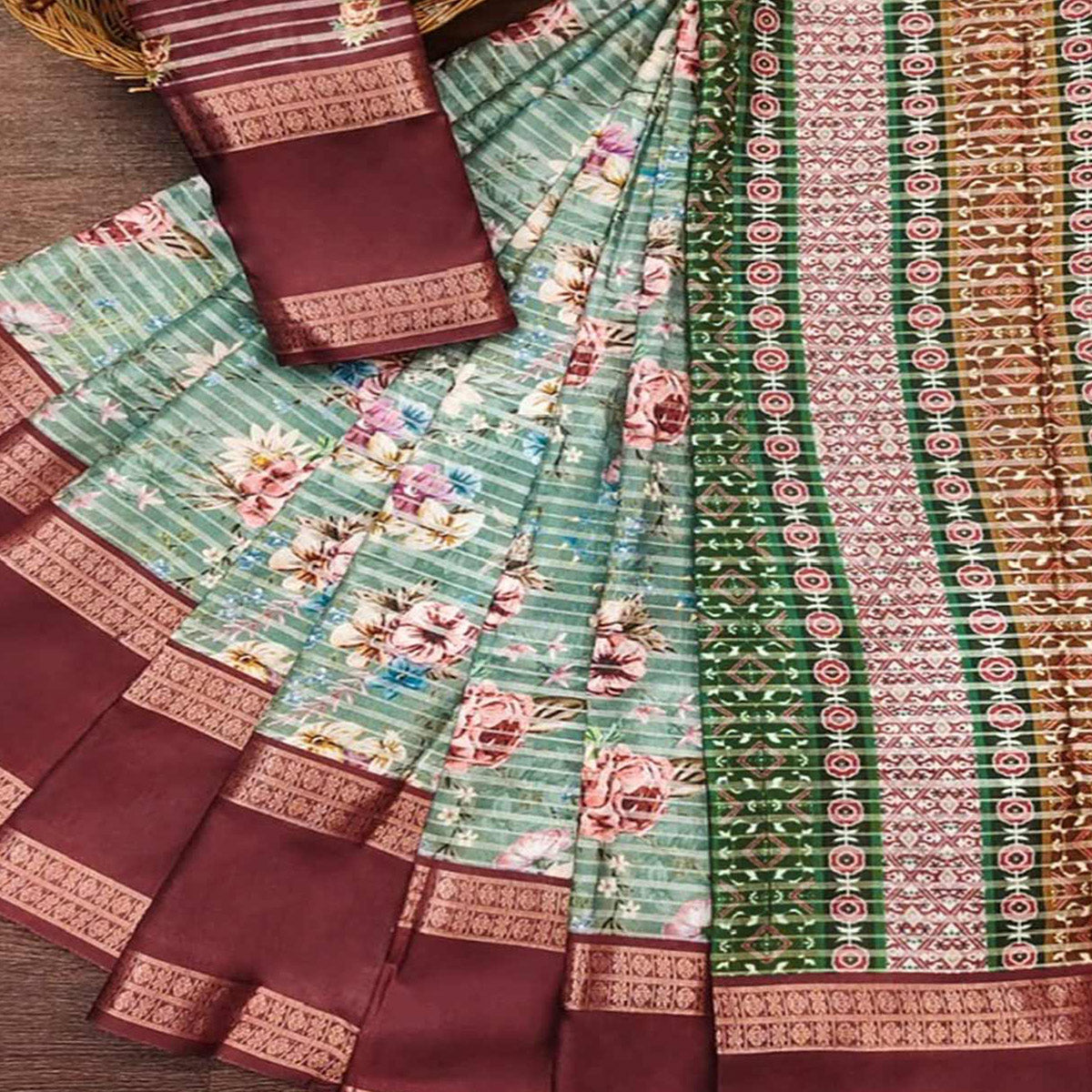 Mint Green Floral Digital Printed Cotton Silk Saree