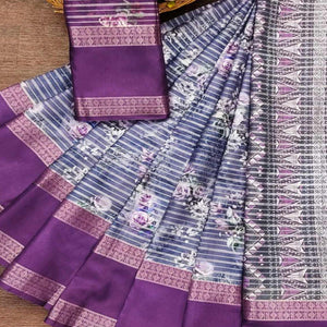 Purple Floral Digital Printed Cotton Silk Saree