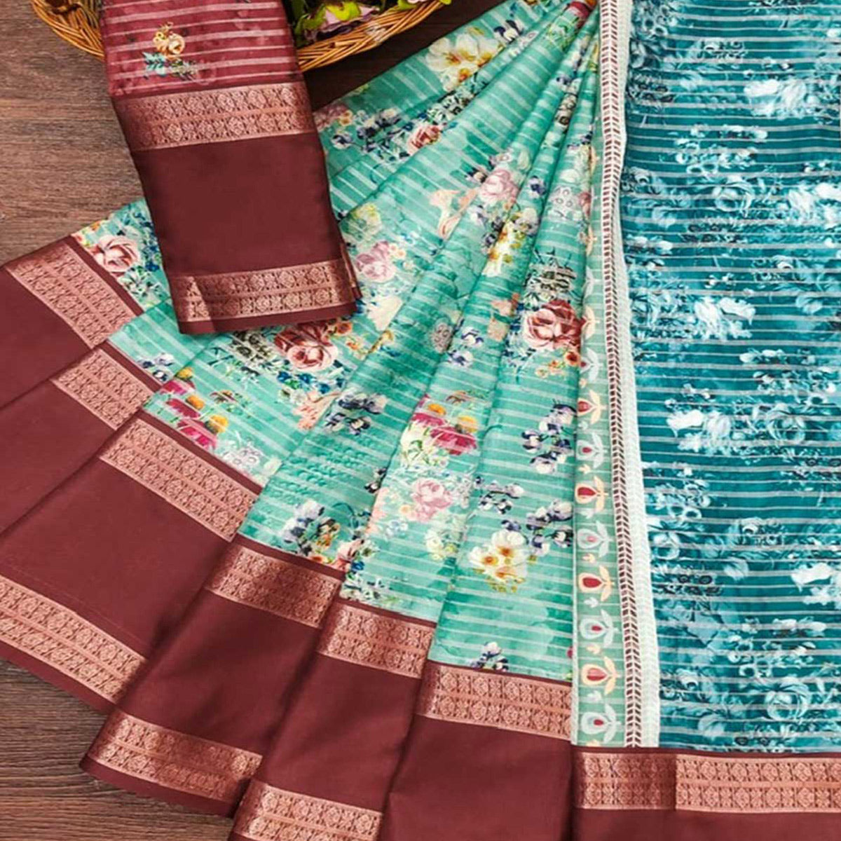 Turquoise Floral Digital Printed Cotton Silk Saree