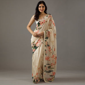 Cream Floral Printed Moss Satin Saree