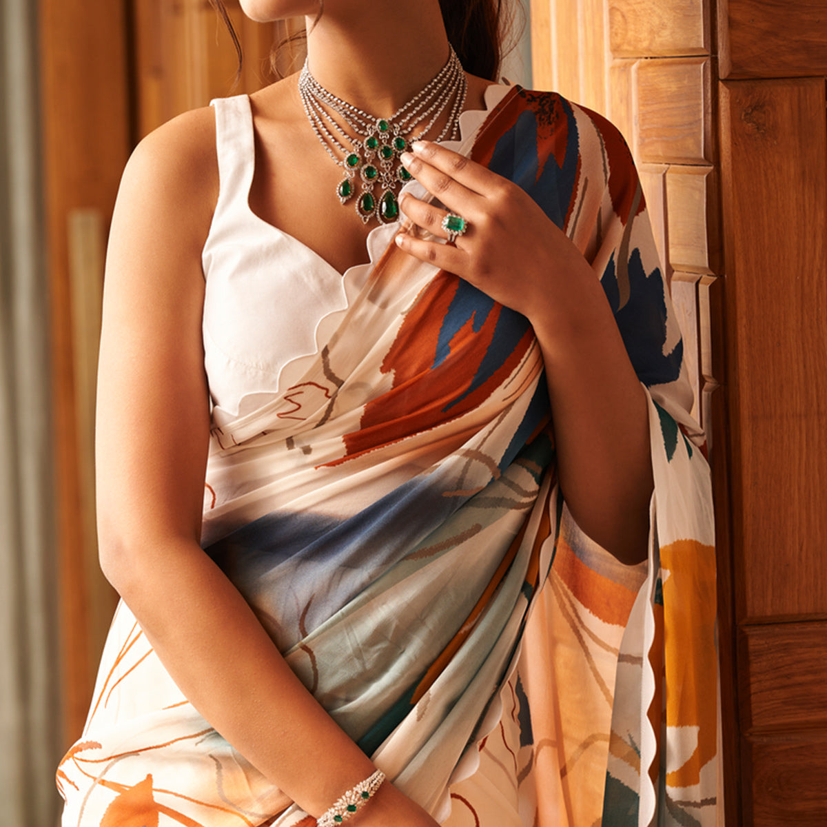 Off white Printed Moss Satin Saree