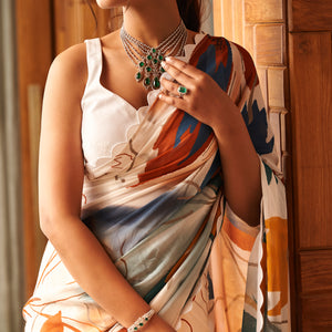 Off white Printed Moss Satin Saree
