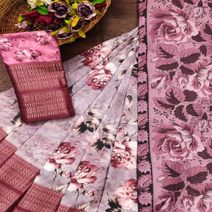 Mauve Floral Digital Printed Cotton Silk Saree