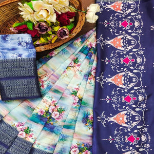 Navy Blue Floral Digital Printed Cotton Silk Saree