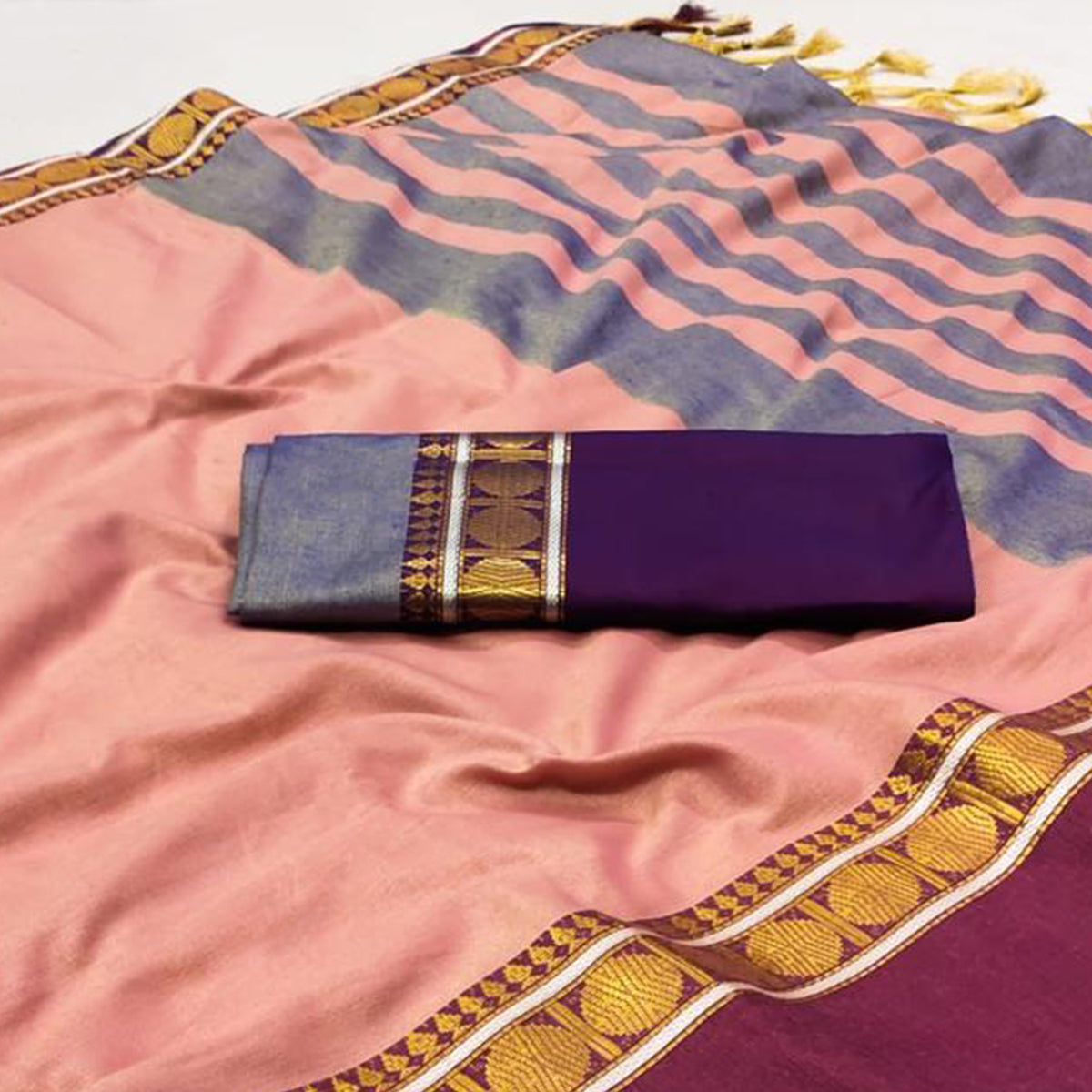 Peach Woven Cotton Silk Saree With Tassels