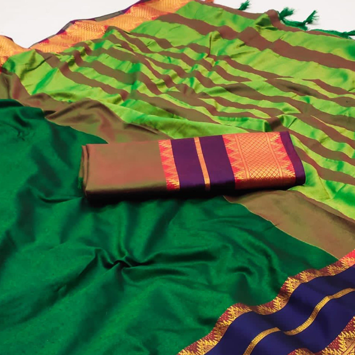 Green Woven Cotton Silk Saree With Tassels