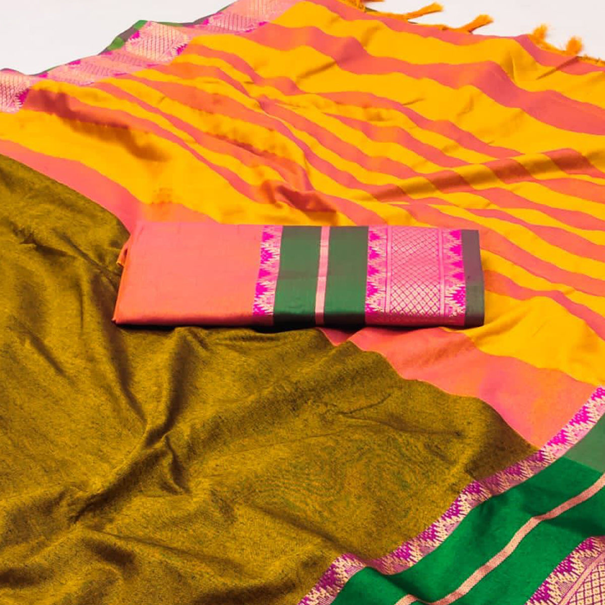 Mustard Woven Cotton Silk Saree With Tassels