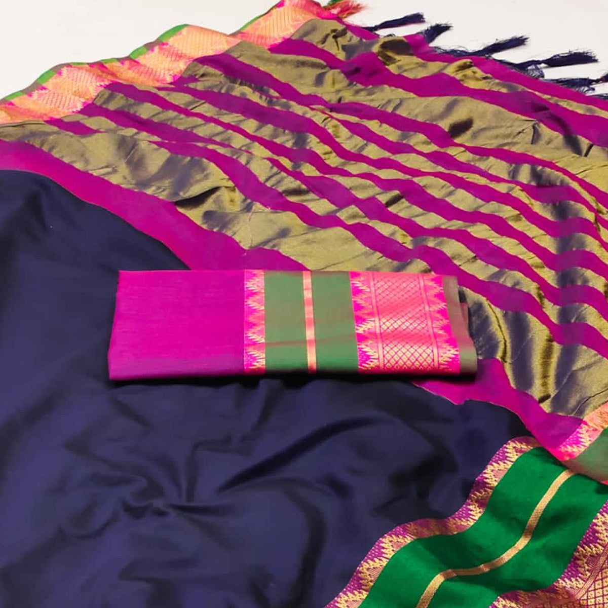 Navy Blue Woven Cotton Silk Saree With Tassels