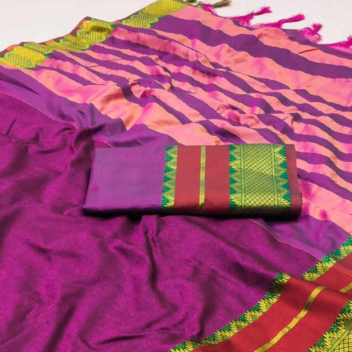 Rani Pink Woven Cotton Silk Saree With Tassels