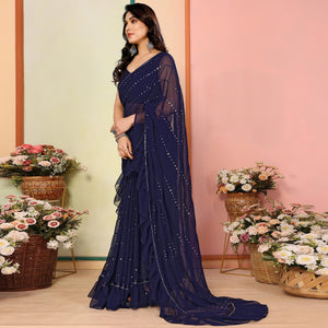 Dark Blue Mirror Work Embroidered Georgette Saree With Ruffle Border