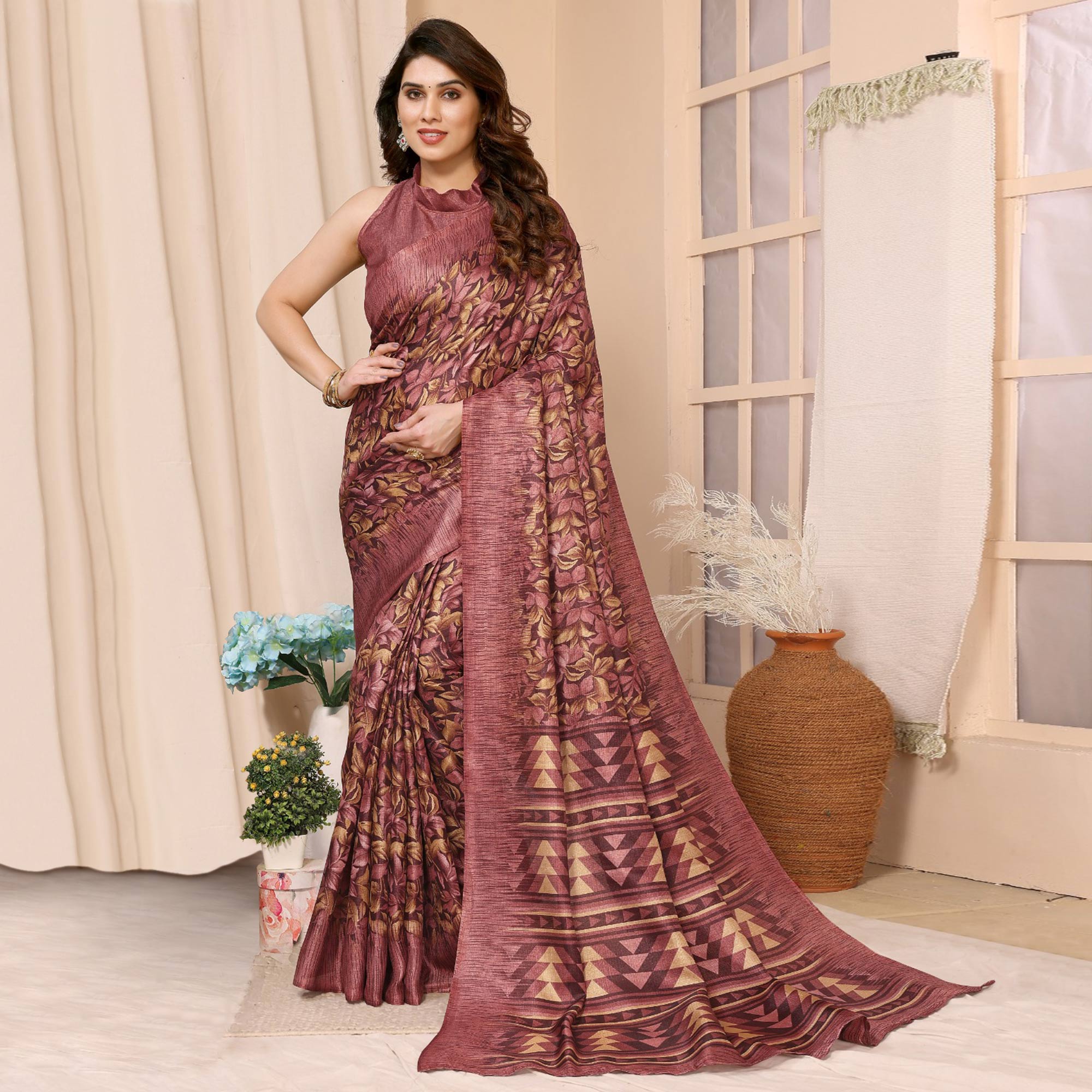 Mauve Floral Printed Khaadi Saree