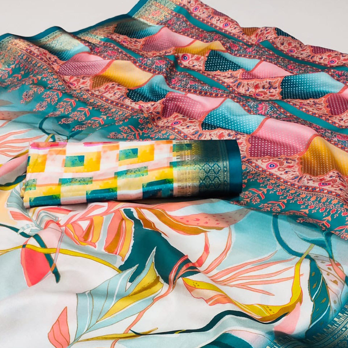 Multicolor Digital Printed Cotton Silk Saree With Jacquard Border