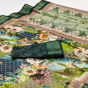 Green Floral Digital Printed Cotton Silk Saree With Woven Border
