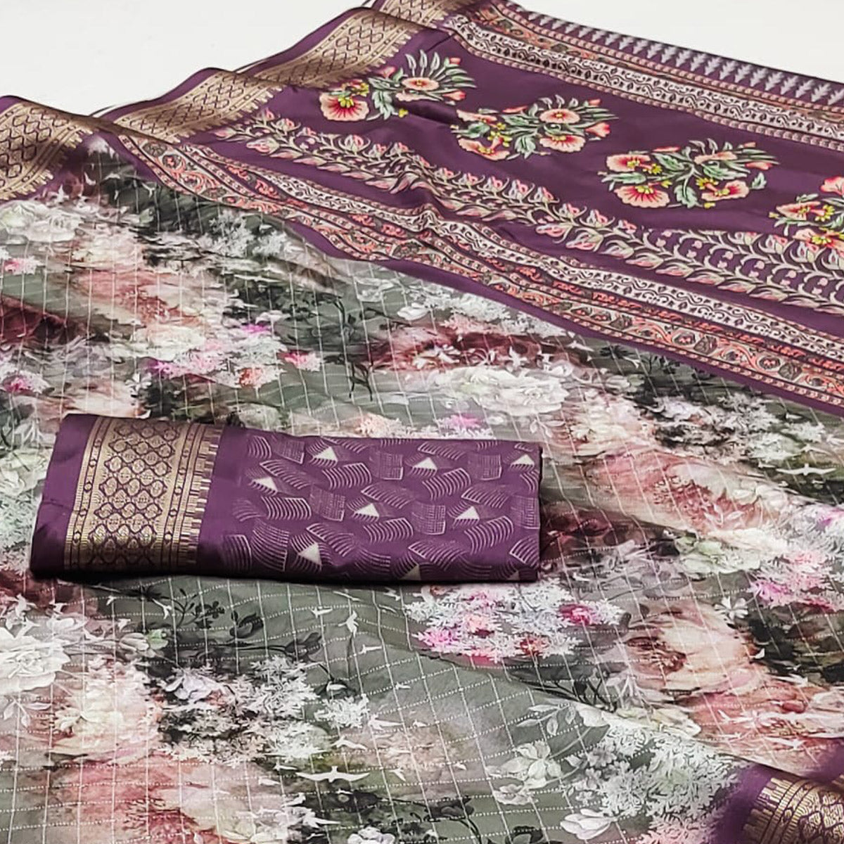 Grey Floral Digital Printed Cotton Silk Saree With Woven Border