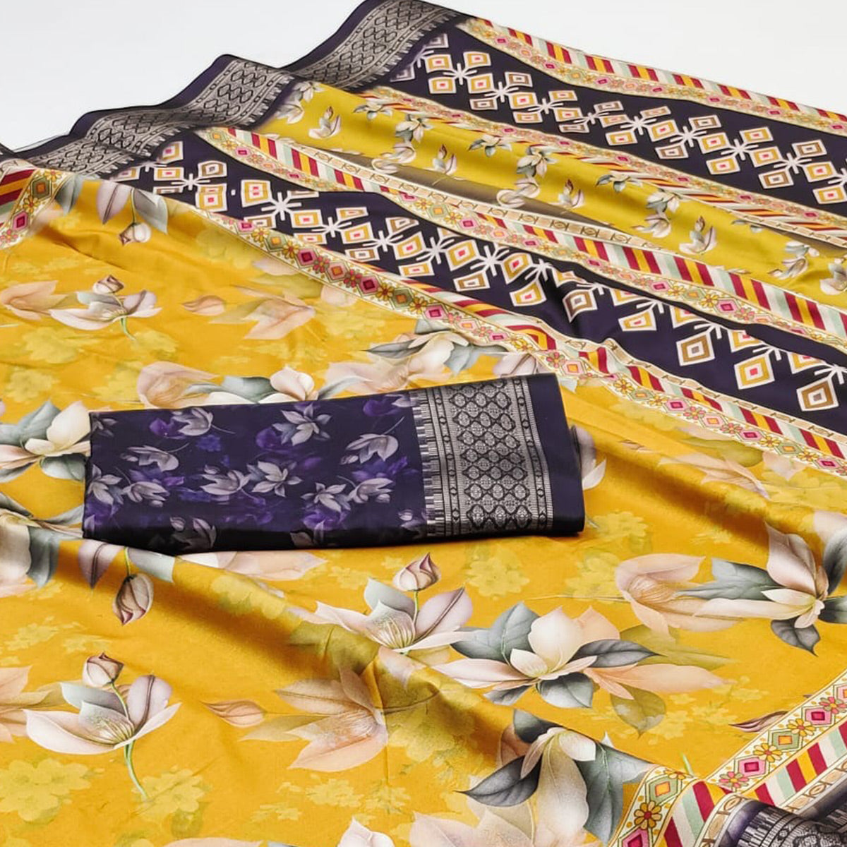 Yellow Floral Digital Printed Cotton Silk Saree With Woven Border
