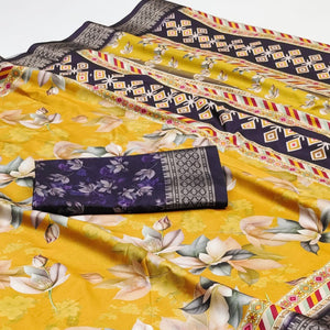 Yellow Floral Digital Printed Cotton Silk Saree With Woven Border