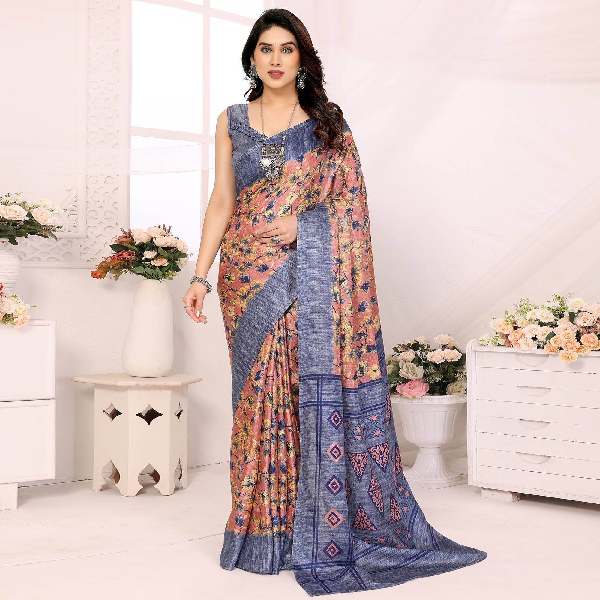 Grey Floral Printed Khadi Saree