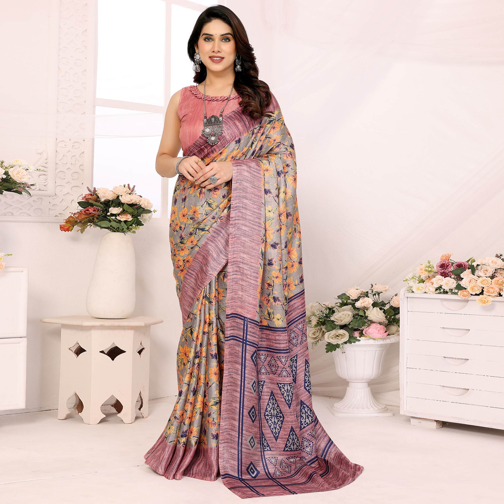 Pink Floral Printed Khadi Saree