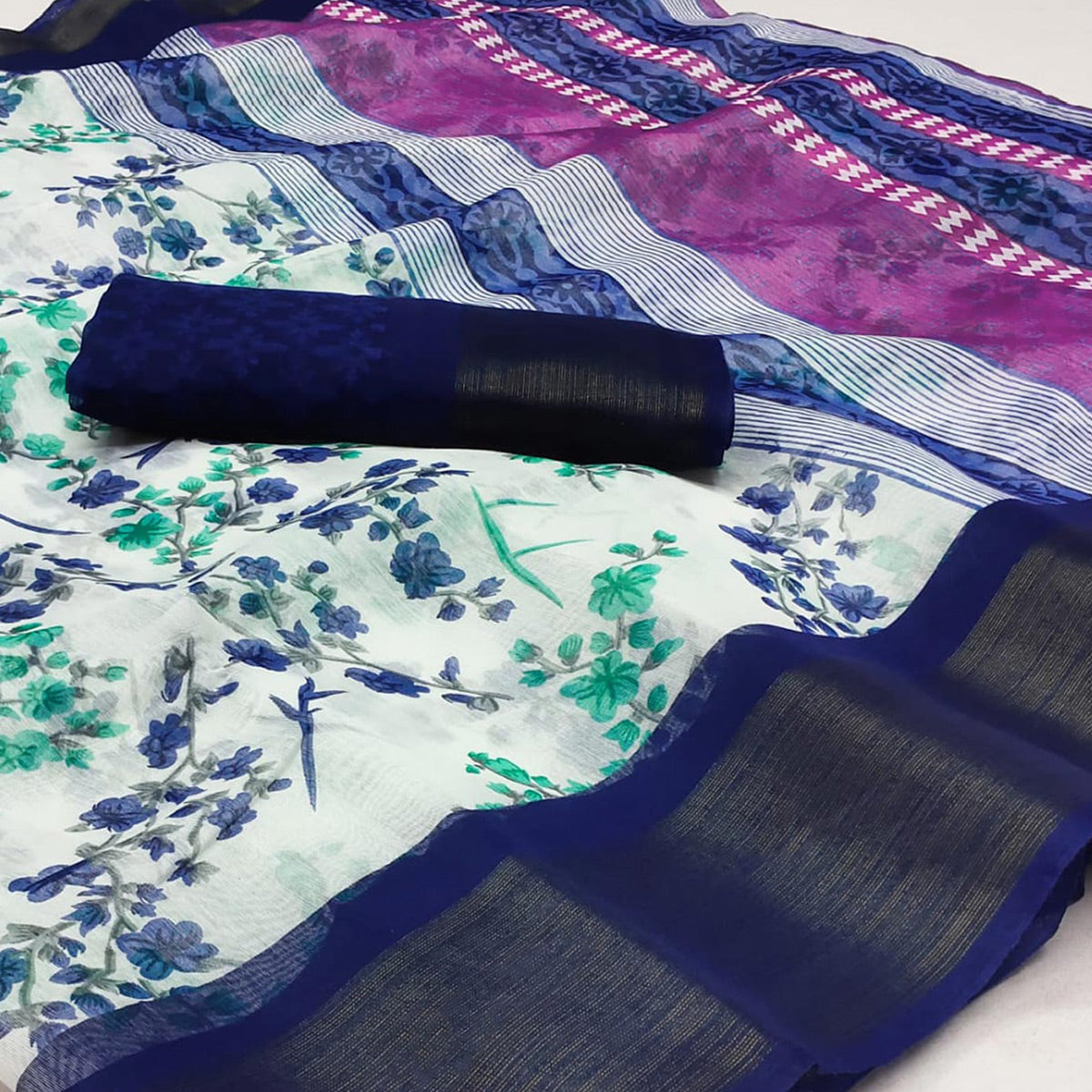 White & Rama Blue Floral Printed Cotton Blend Saree
