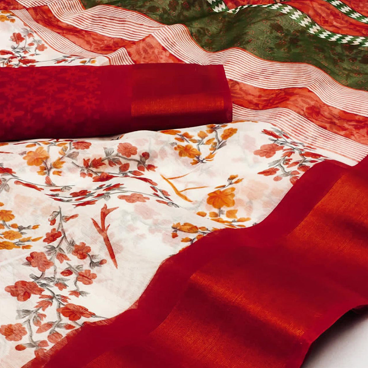 White & Red Floral Printed Cotton Blend Saree