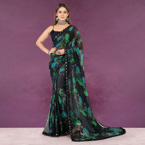 Black Floral Printed Georgette Saree