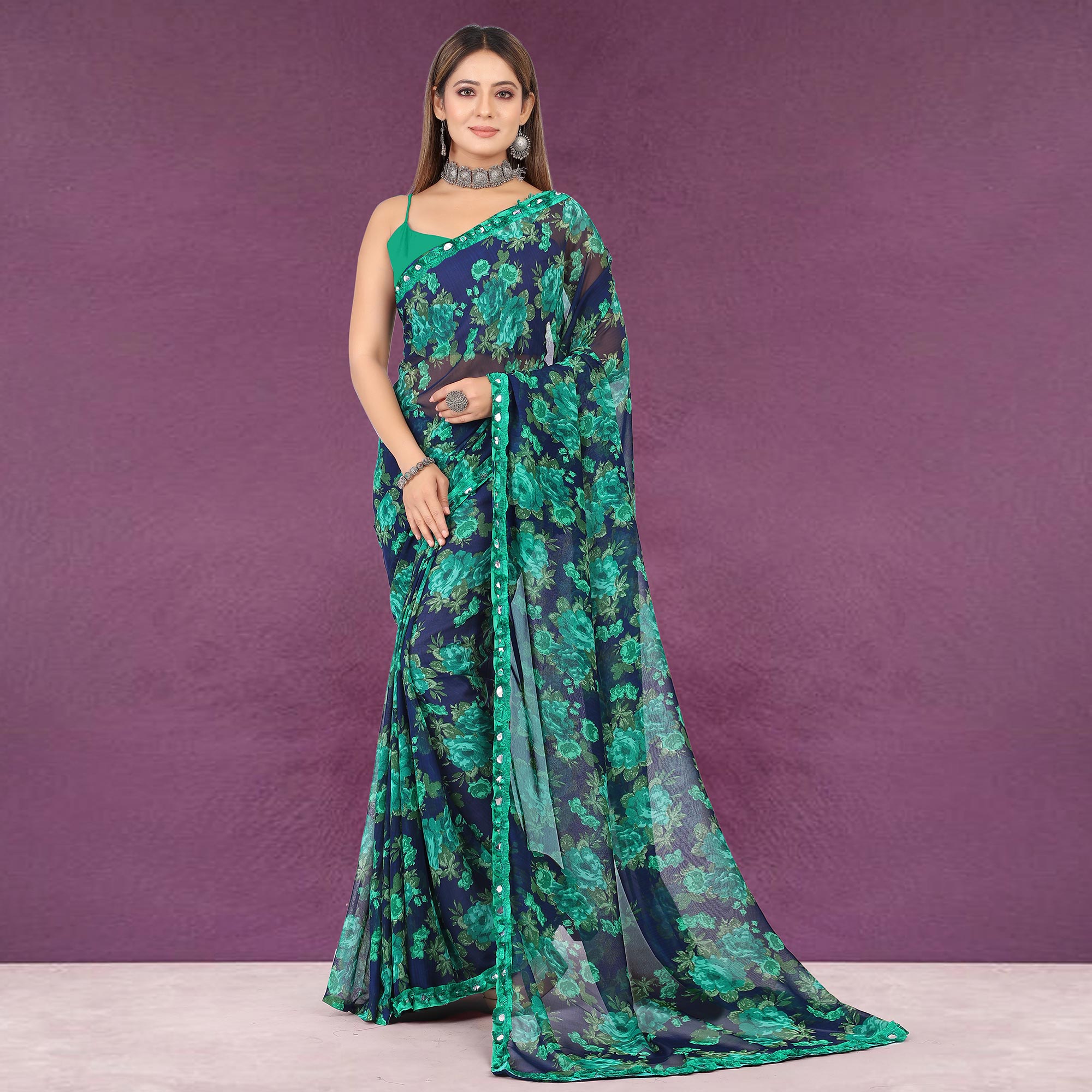 Blue Floral Printed Georgette Saree