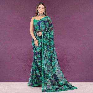 Blue Floral Printed Georgette Saree