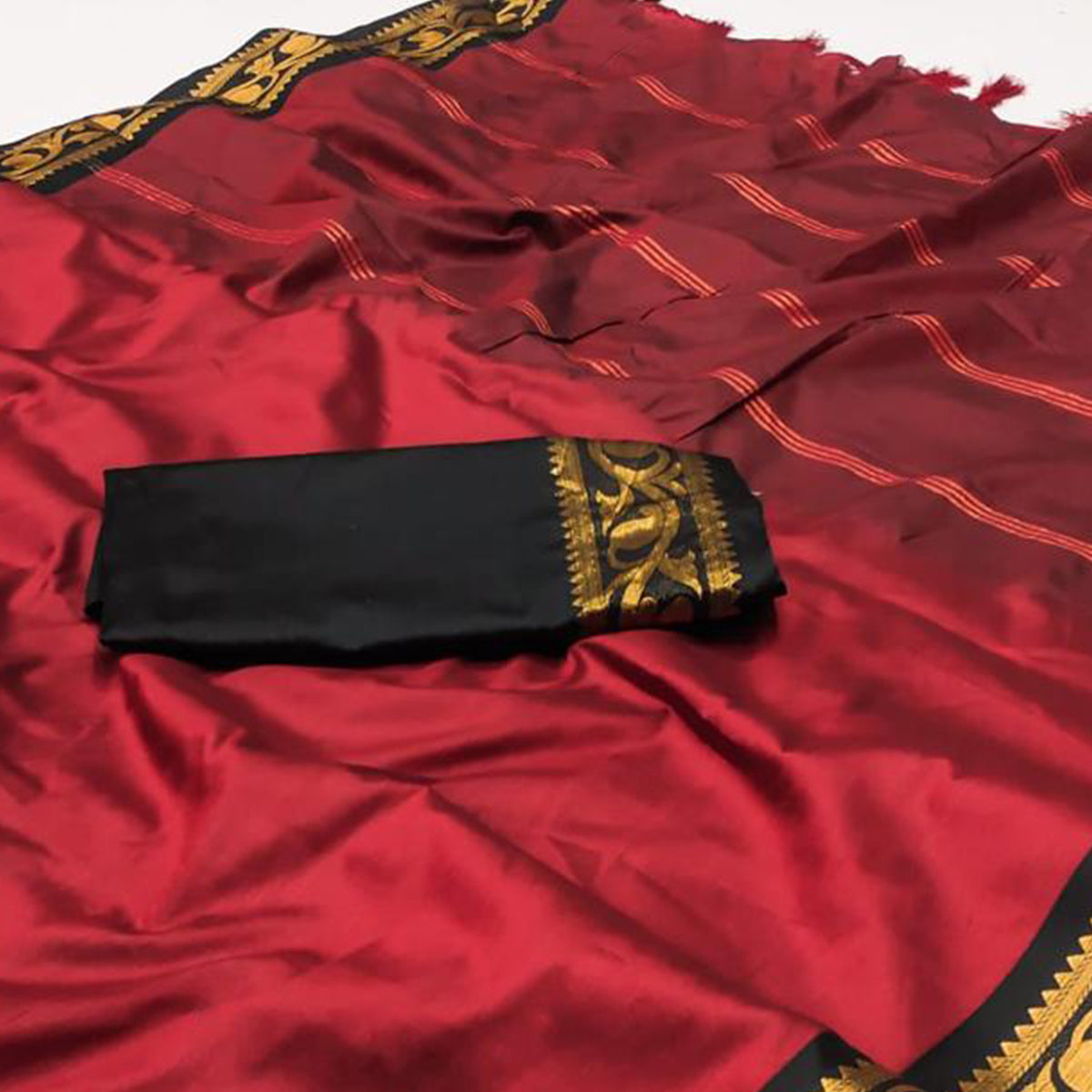 Red Woven Cotton Silk Saree With Tassels