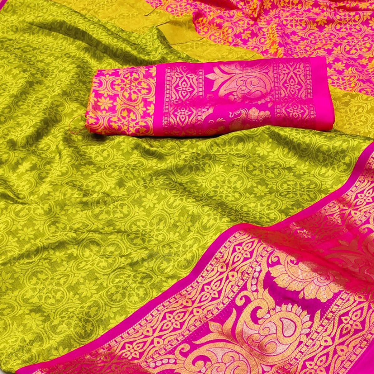 Green Floral Woven Cotton Silk Saree With Tassels