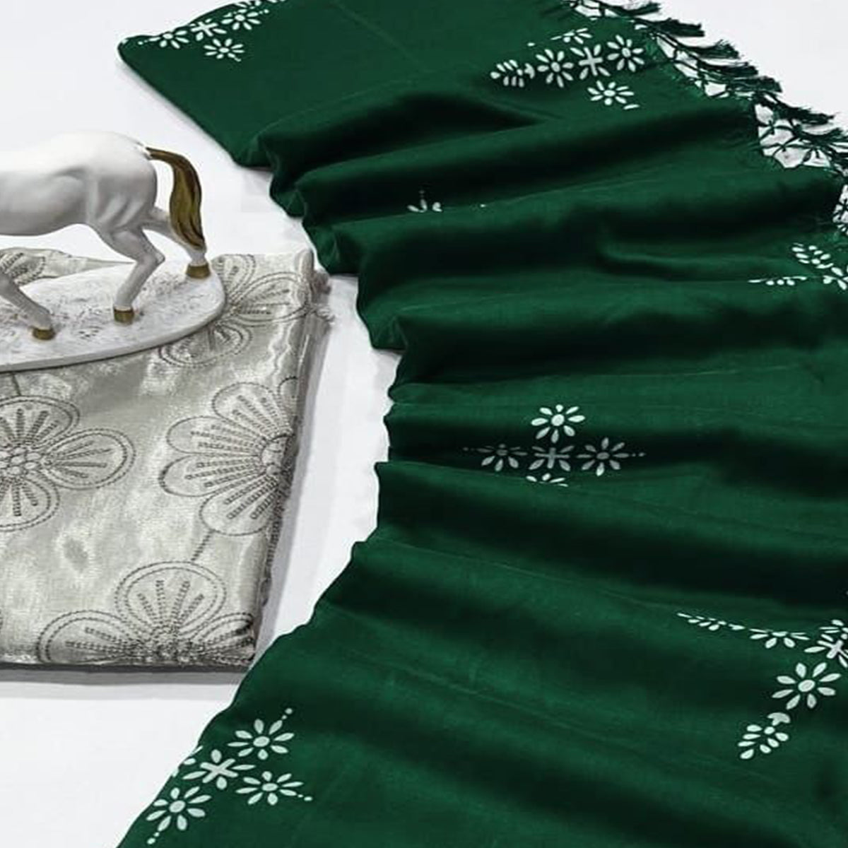 Bottle Green Floral Printed Muslin Saree With Tassels