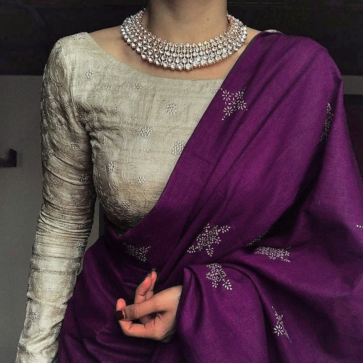 Purple Floral Printed Muslin Saree With Tassels