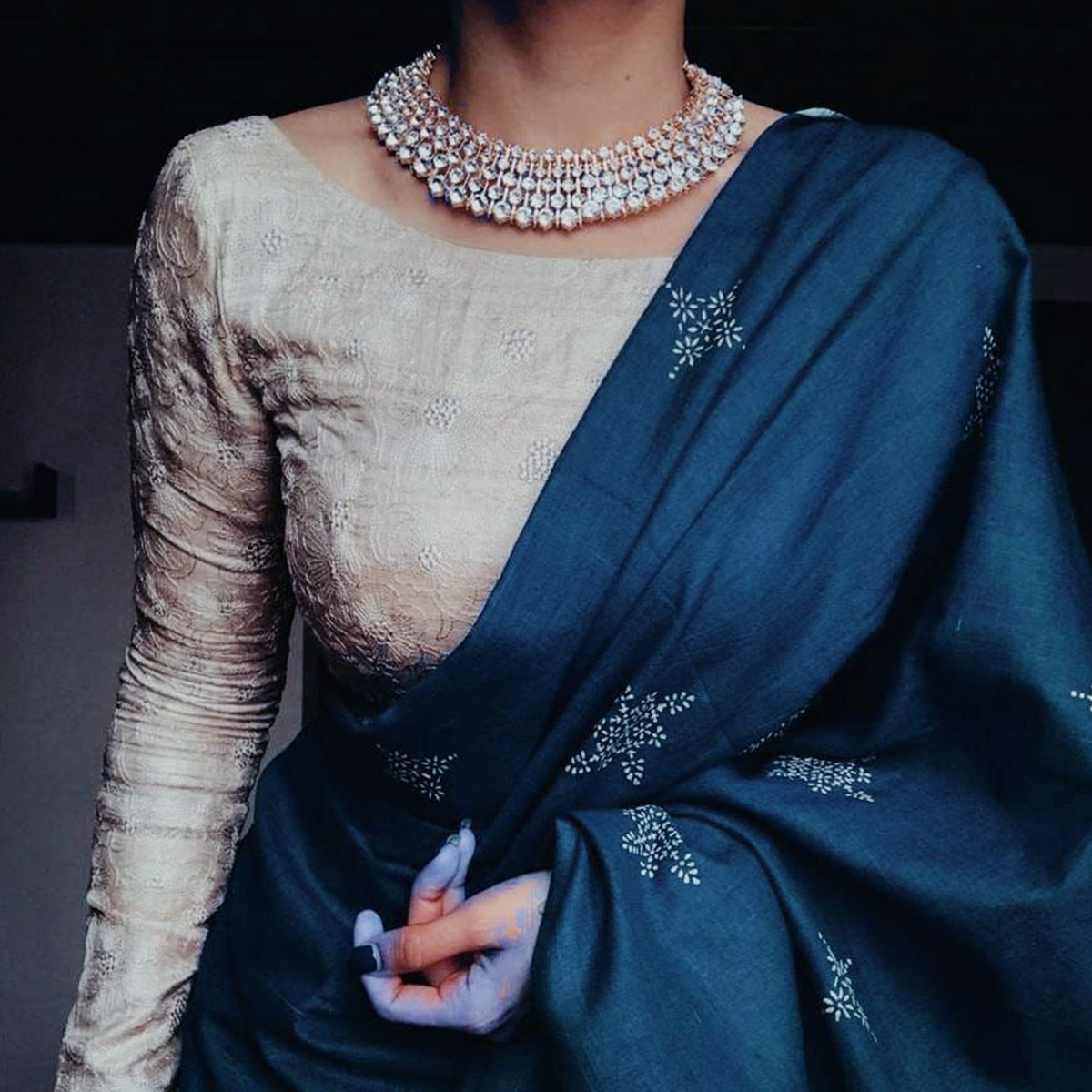 Teal Blue Floral Printed Muslin Saree With Tassels