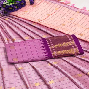 Baby Pink & Purple Woven Cotton Silk Saree With Tassels