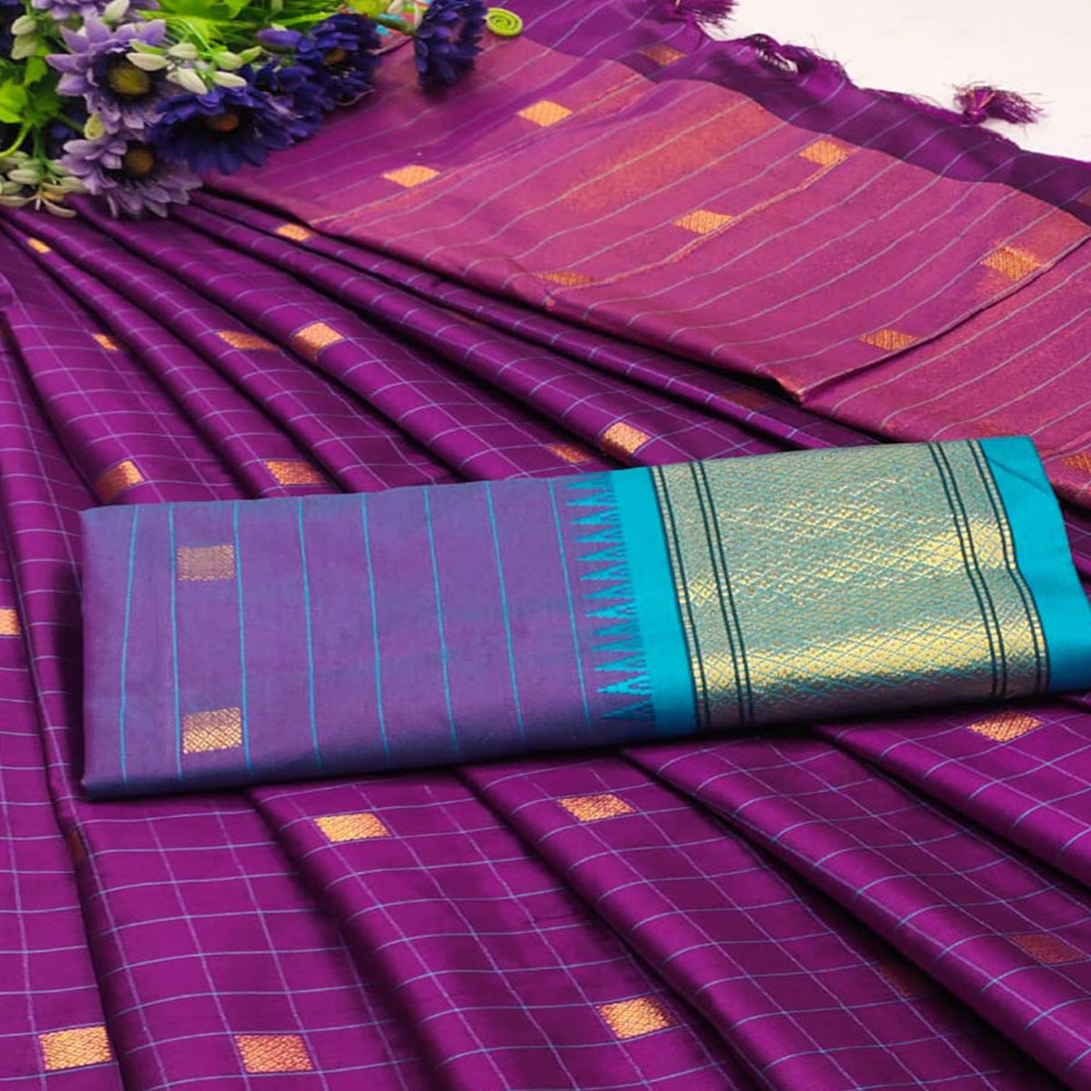 Purple & Blue Woven Cotton Silk Saree With Tassels