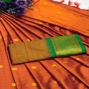 Rust & Green Woven Cotton Silk Saree With Tassels