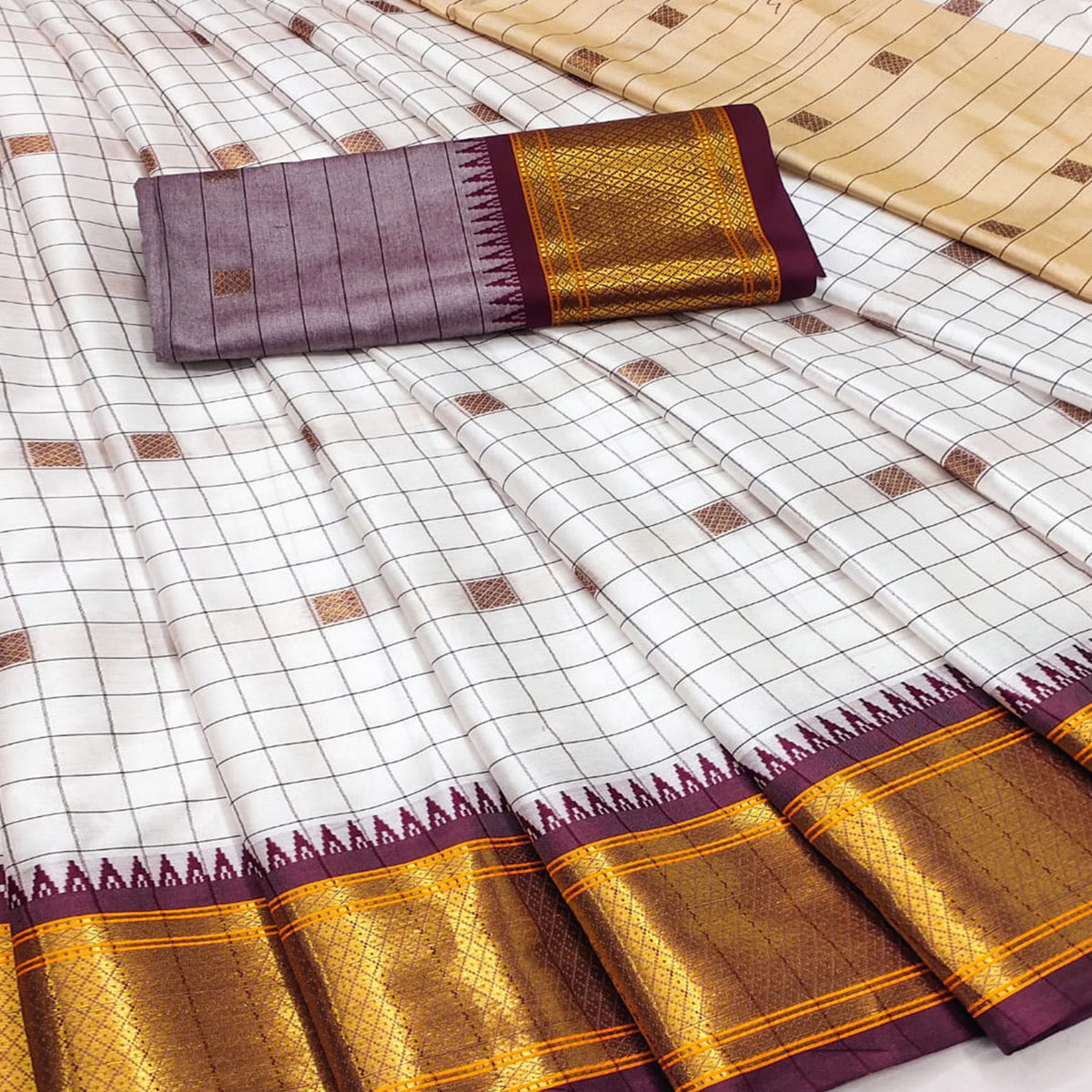 White & Wine Woven Cotton Silk Saree With Tassels