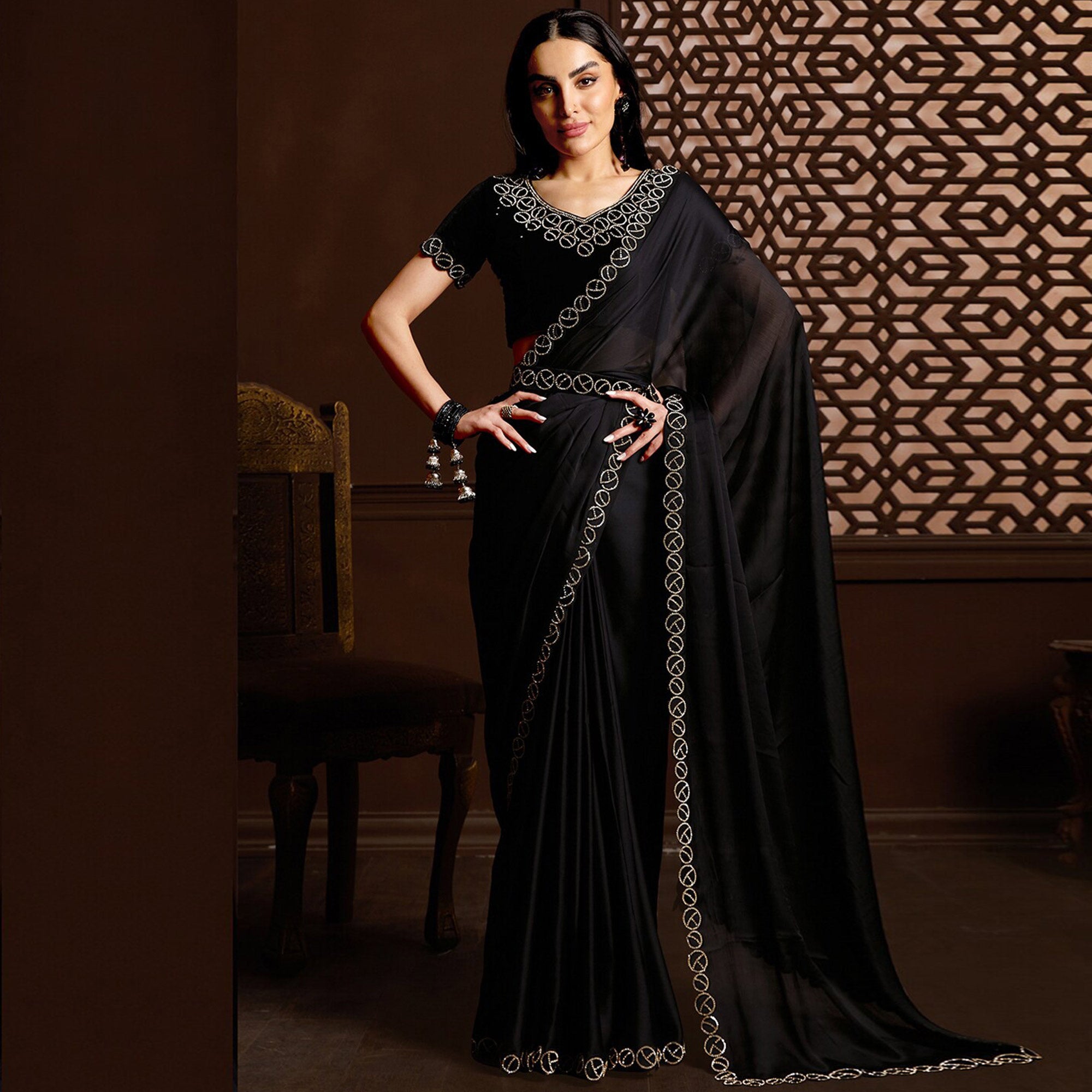Black Stone Work Chiffon Saree
