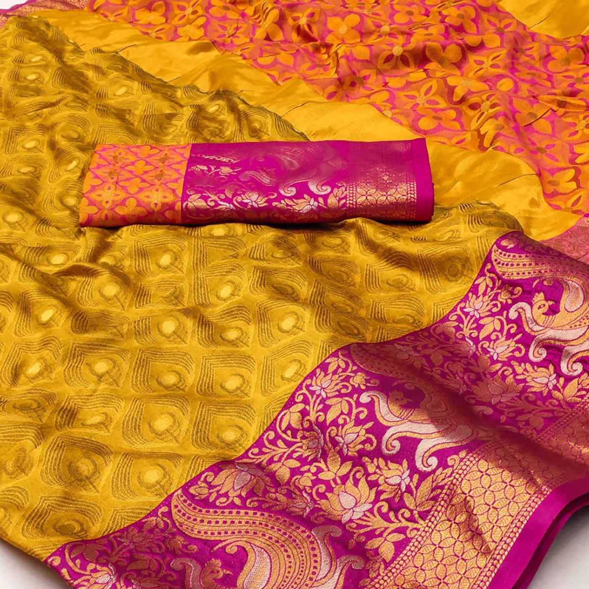 Gold Woven Cotton Silk Saree With Tassels