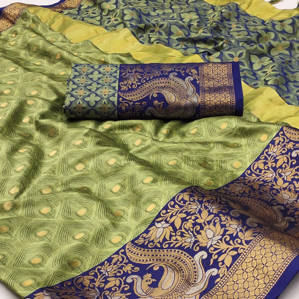 Pista Green Woven Cotton Silk Saree With Tassels