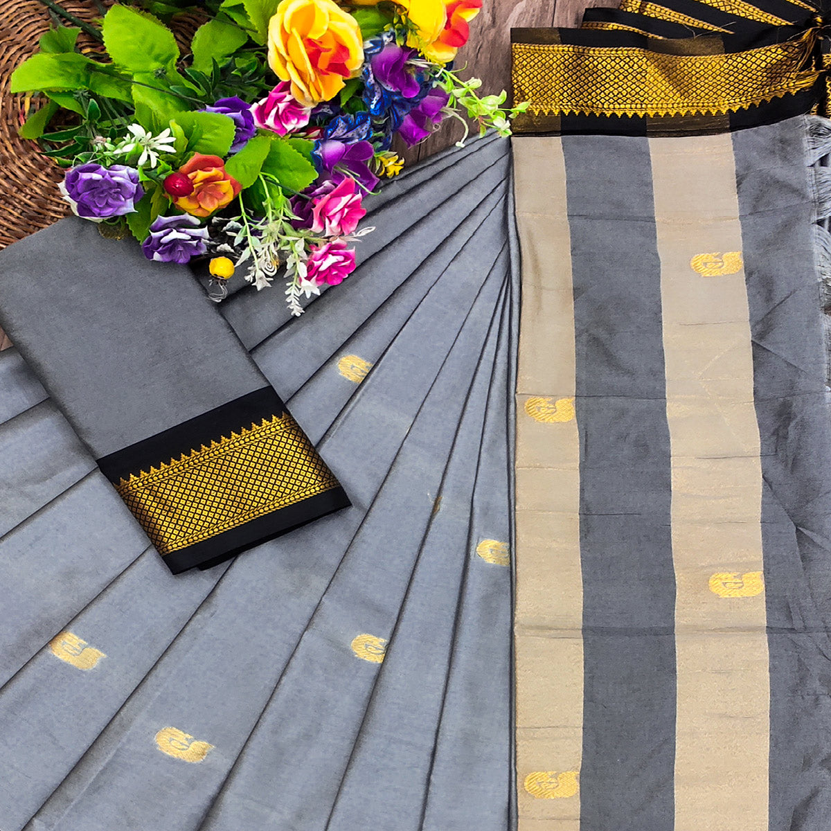 Grey Butti Work Woven Cotton Silk Saree